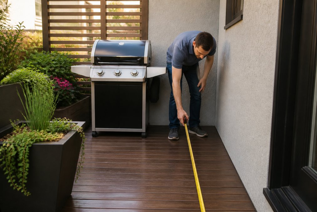 Homeowner measuring a compact patio space with a small patio grill to ensure a clear walking path.