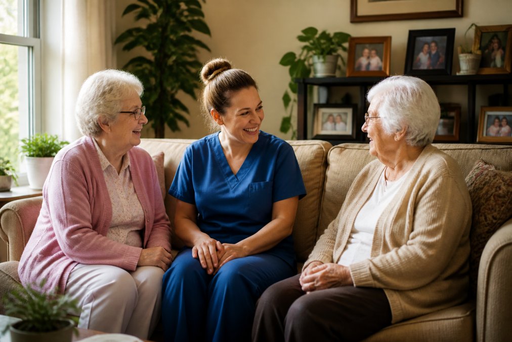 A warm, sunlit living room in a small residential care home with a caregiver and two elderly residents chatting comfortably on a sofa, homey decor with plants and family photos on shelves