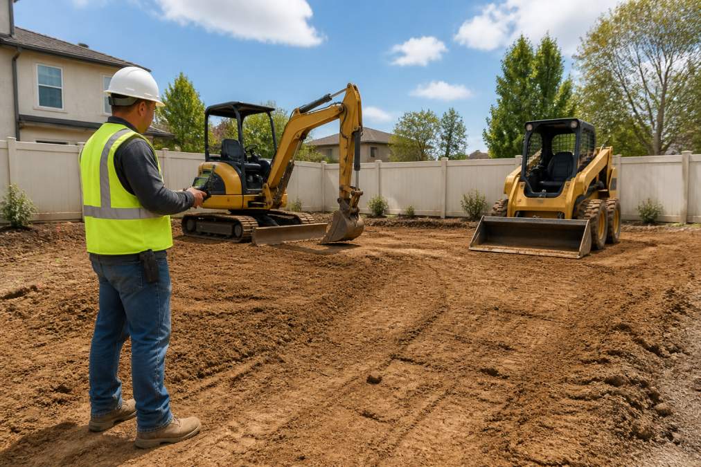 A compact excavator and skid steer leveling a small residential backyard, worker in safety gear checking a handheld grade laser, sunny sky