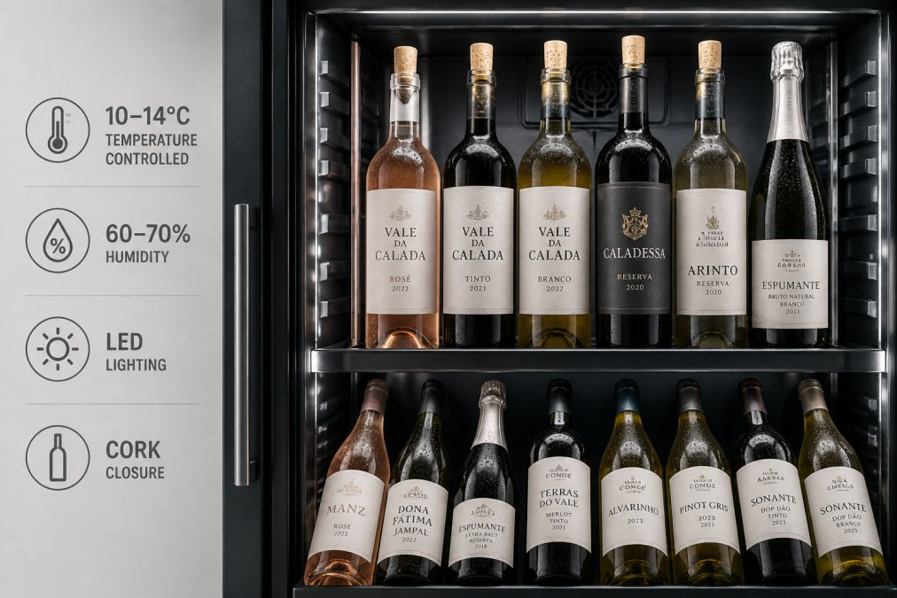Close-up of wine bottles stored in a temperature-controlled cooler with soft LED lighting, showing cork closures and wine labels clearly visible, with condensation on the glass