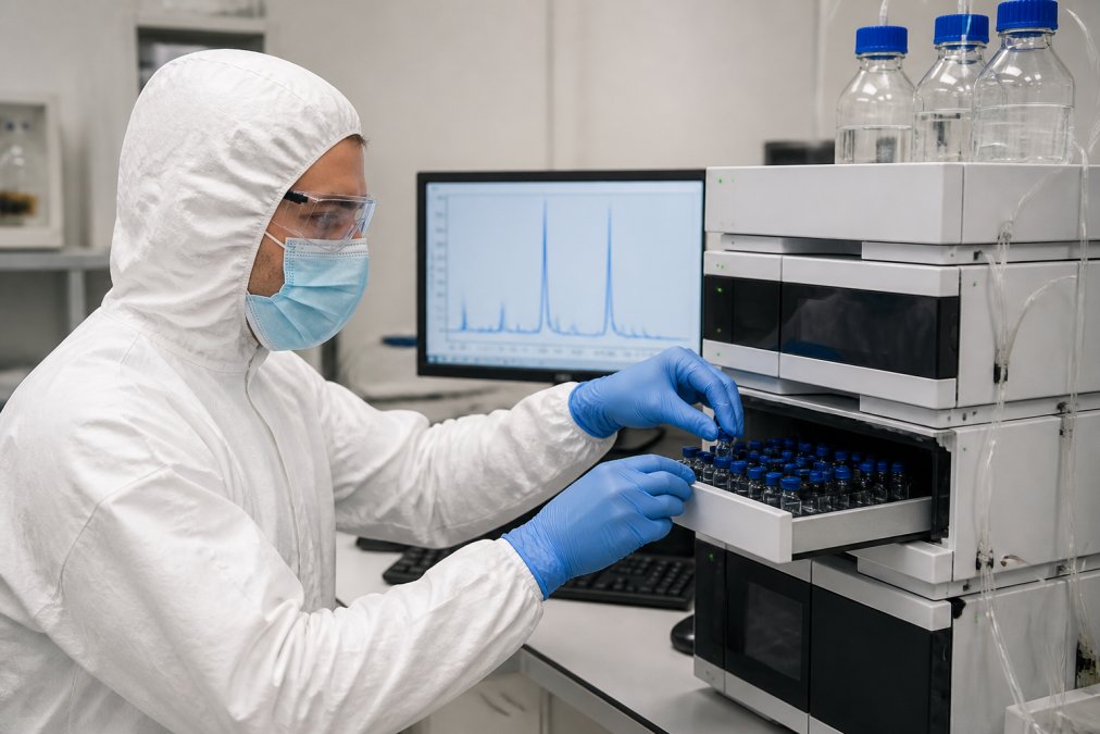 A laboratory technician in a cleanroom suit carefully loading sample vials into an HPLC system, with analytical instruments and a computer screen showing chromatogram peaks in the background