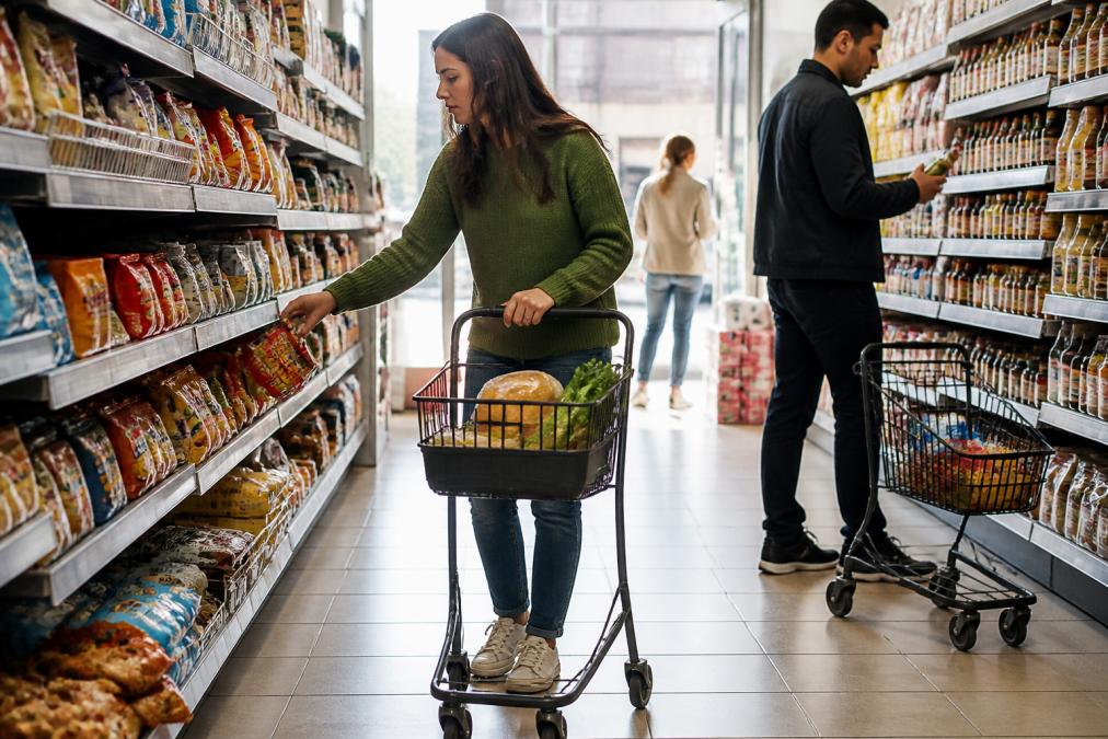 A busy convenience store with customers using compact shopping trolleys to navigate narrow aisles between shelves stocked with products, natural lighting from storefront windows