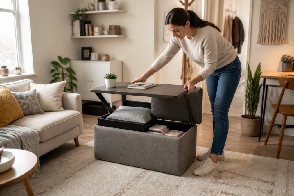 A young renter arranging a compact multi-functional furniture piece in a bright small apartment, showing a fold-out desk and storage ottoman in a cozy, well-lit room