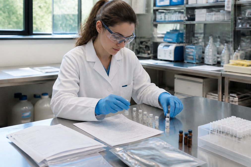 Researcher organizing vials and documents for small volume peptide research procurement on a laboratory bench