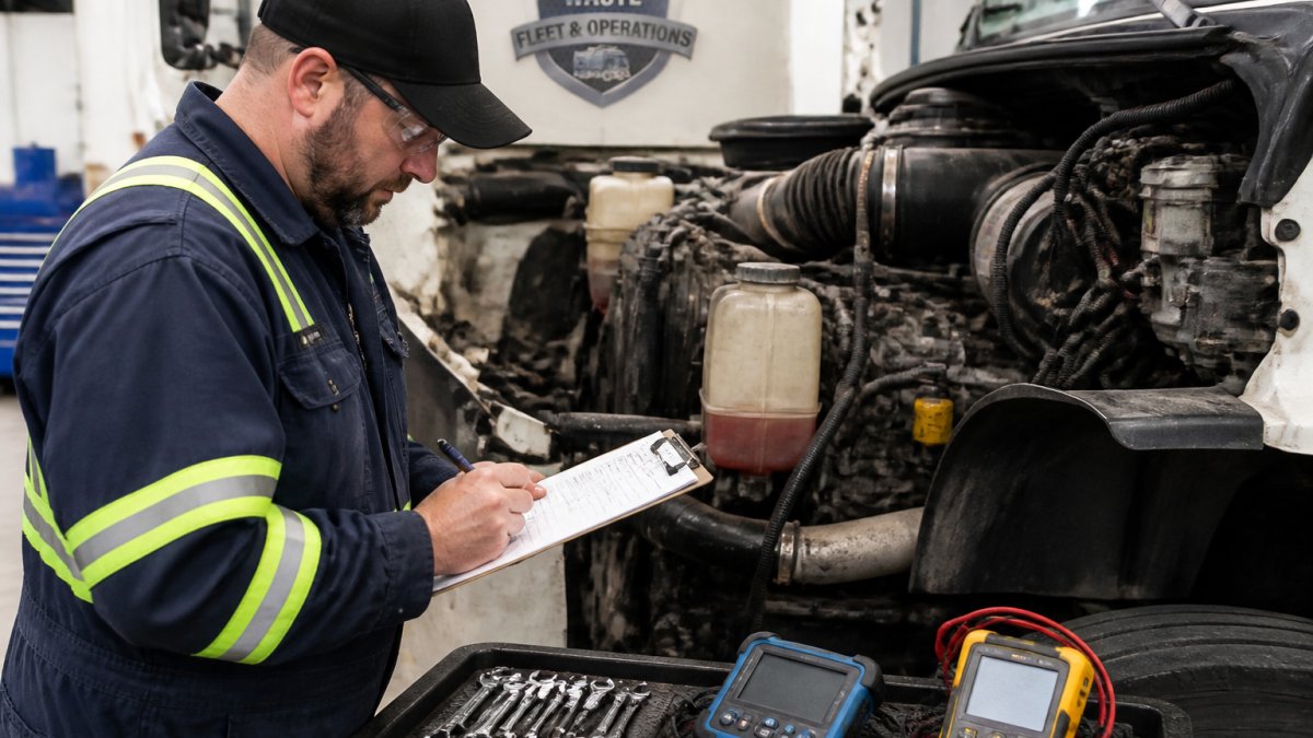 Professional diesel technician performing preventive maintenance inspection on waste collection truck engine in shop, documenting findings on clipboard with diagnostic tools visible