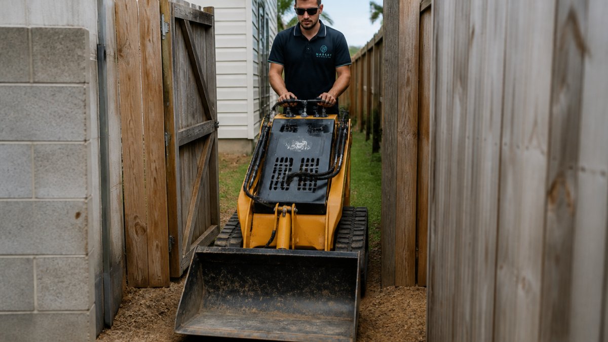 Compact Kanga KID mini loader positioned in a narrow residential backyard with timber fencing visible on both sides, demonstrating tight-access placement through a garden gate