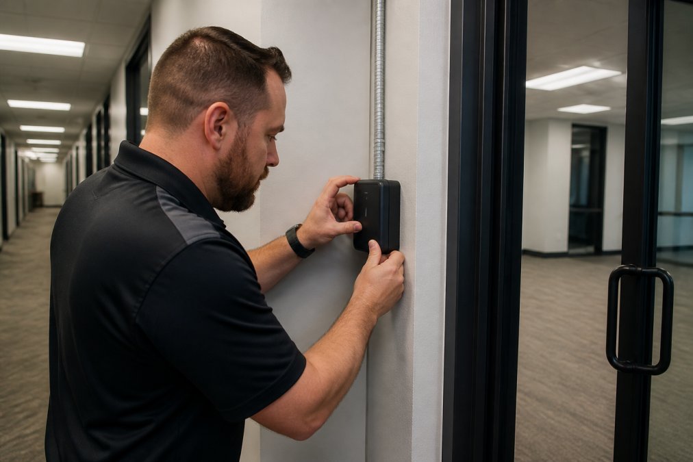 A security technician in a branded polo shirt mounting a proximity card reader on a commercial door frame in a modern office hallway, with cable conduit visible and fluorescent overhead lighting