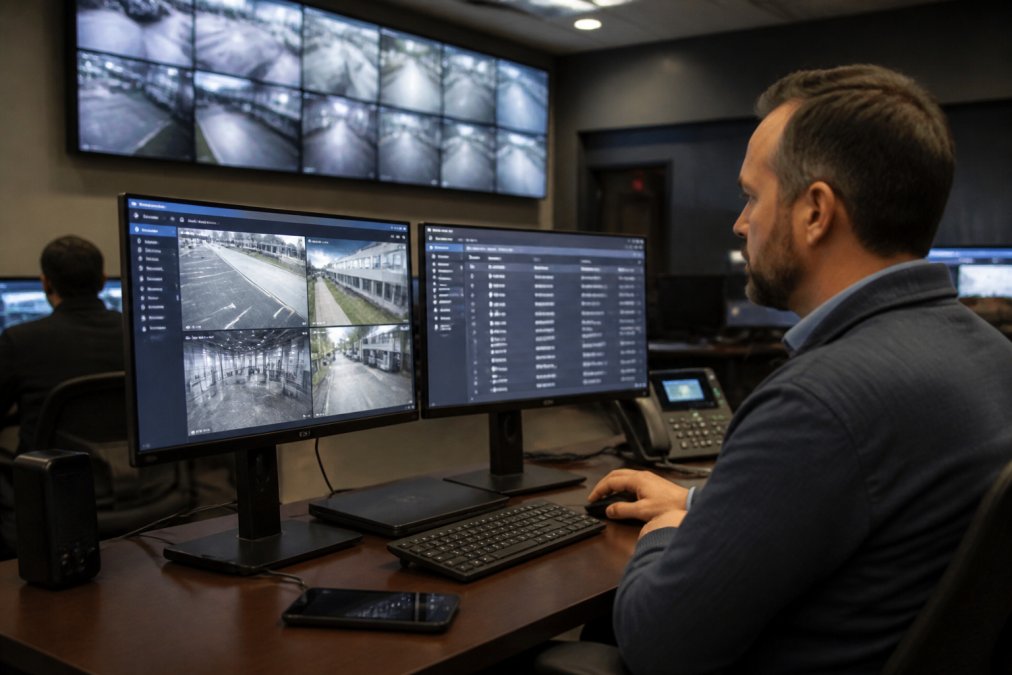 A facility manager in business casual attire reviewing real-time access logs and camera feeds on a large dual-monitor workstation inside a dimly lit commercial security operations center