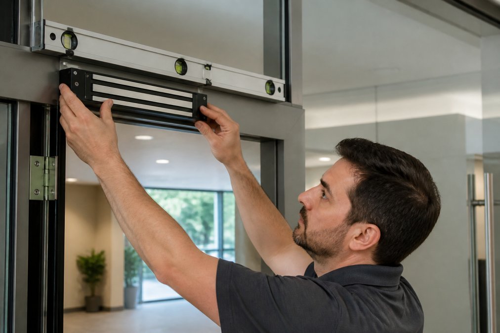 Professional security technician installing a magnetic lock on a commercial glass door frame, hands positioning the lock mechanism while checking alignment with a level in a modern office building hallway