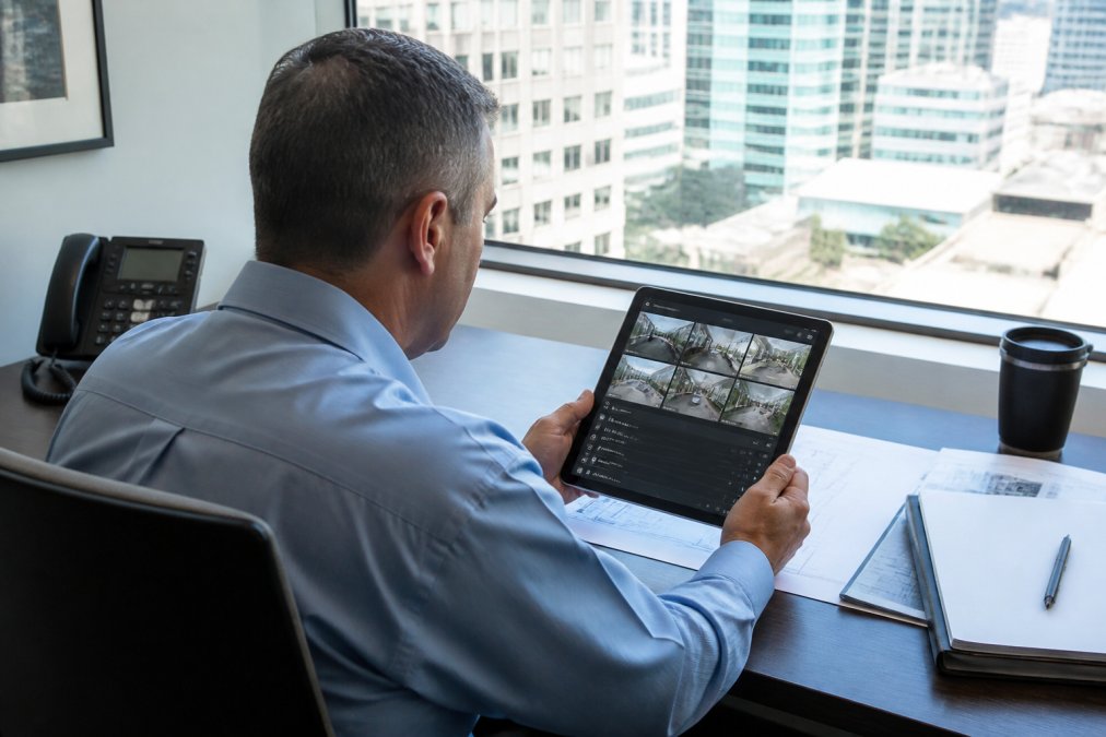 Facility manager viewing real-time access logs and security monitoring dashboard on a tablet computer, seated at a desk in a modern office with large windows showing an urban skyline