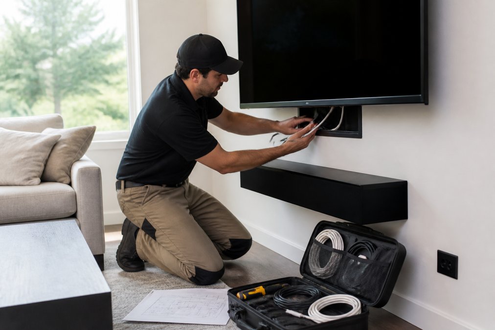 Technician routing cables behind a TV, illustrating the complex labor involved in a smart av tech home installation.