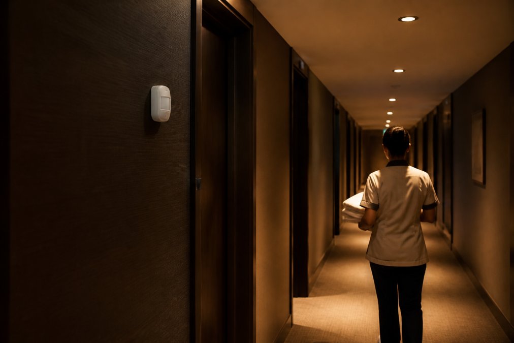 Hotel corridor at dusk with recessed ceiling lights dimming automatically as a housekeeper walks past, warm ambient glow on the carpet, wall-mounted occupancy sensor visible