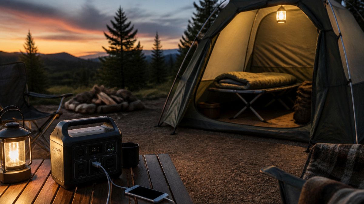 A well-organised campsite at dusk with a lit tent, a portable power station charging a phone, and a comfortable stretcher bed visible through the open tent door