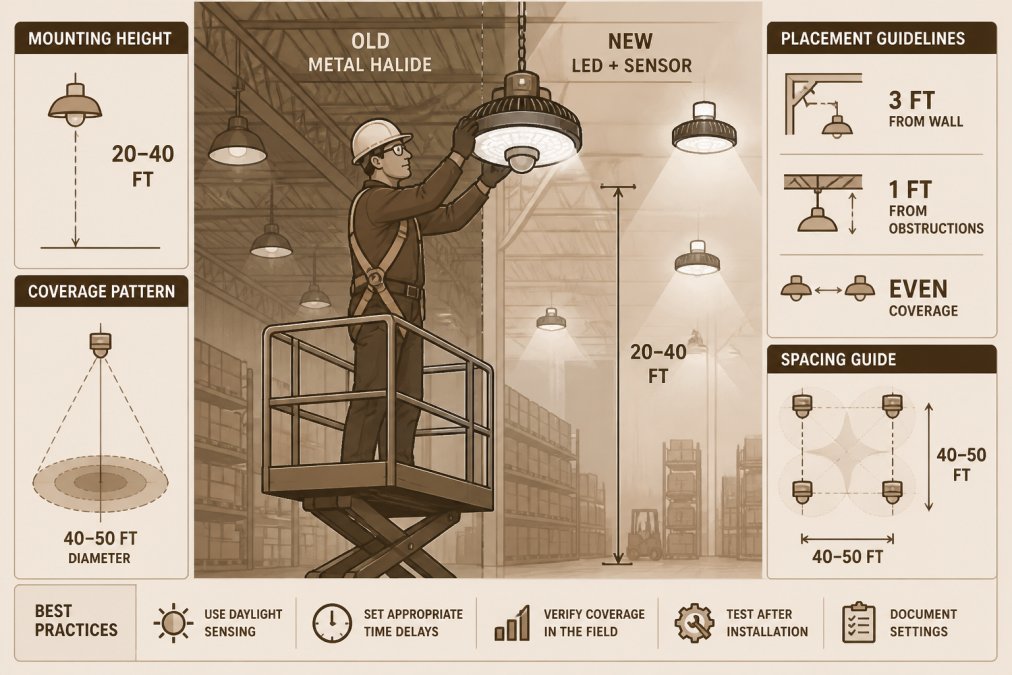 Step-by-step diagram for installing smart controls for industrial lighting on high warehouse ceilings