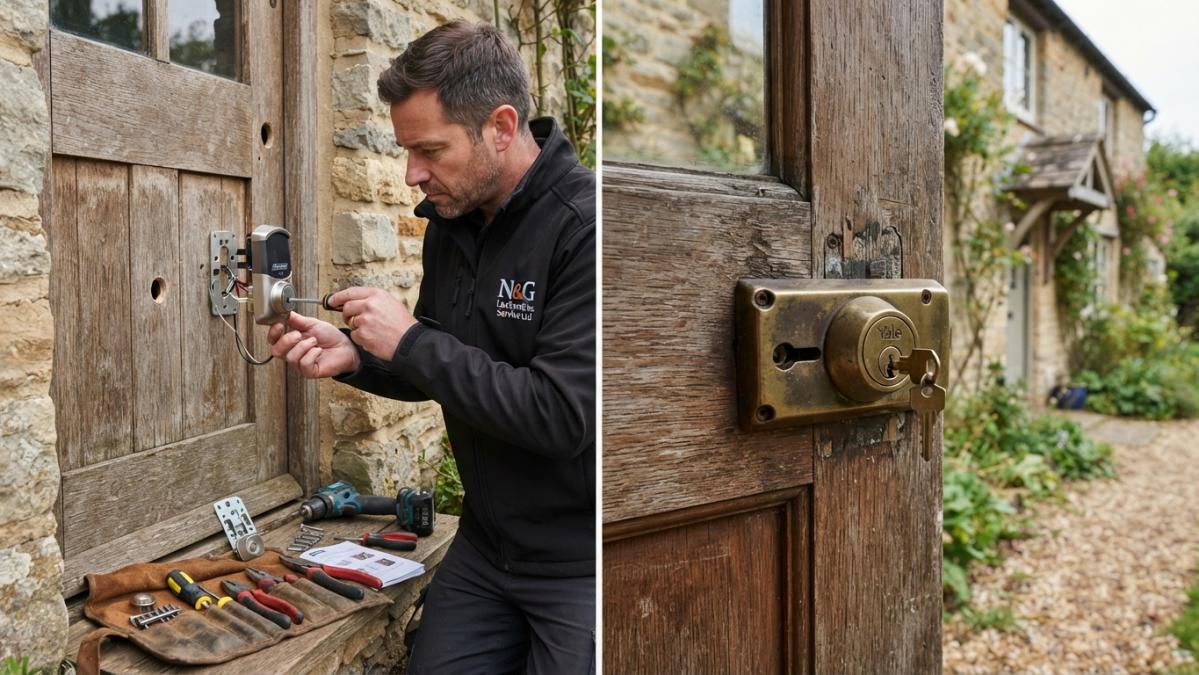 Professional locksmith installing a smart deadbolt on a wooden rural cottage door, with tools spread across the frame and the lock mechanism clearly visible in daylight