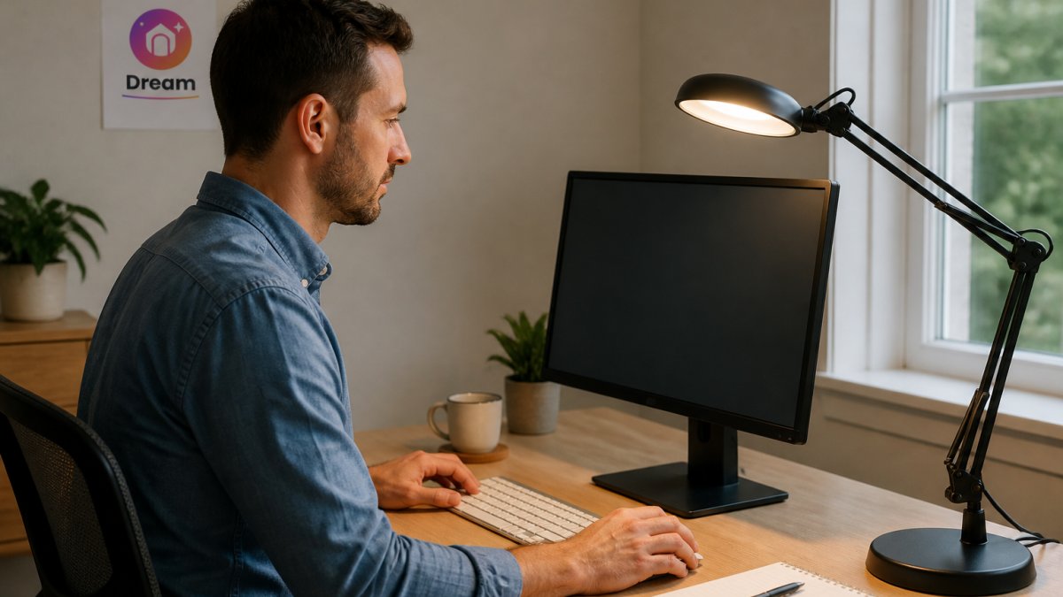 Professional working at desk with monitor and adjustable desk lamp positioned to the side, showing proper task lighting setup for comfortable screen work without glare