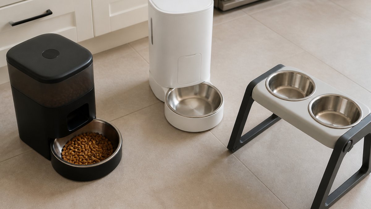 Overhead view of three different smart dog bowls and automatic feeders arranged on a clean kitchen floor, showing stainless steel materials and varied designs ranging from compact to elevated models