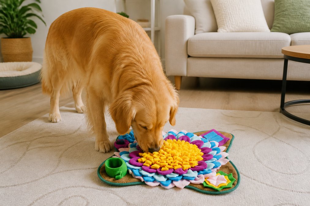 A golden retriever calmly eating from an interactive puzzle feeder in a bright living room, with the dog's relaxed posture and focused attention on the toy visible in natural daylight