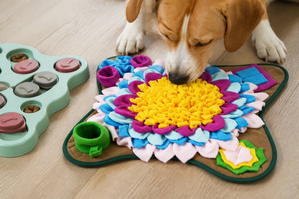 Close-up of a dog's nose and mouth engaging with an interactive puzzle feeder toy, with visible kibble pieces and the dog's focused, calm expression as it works to extract food