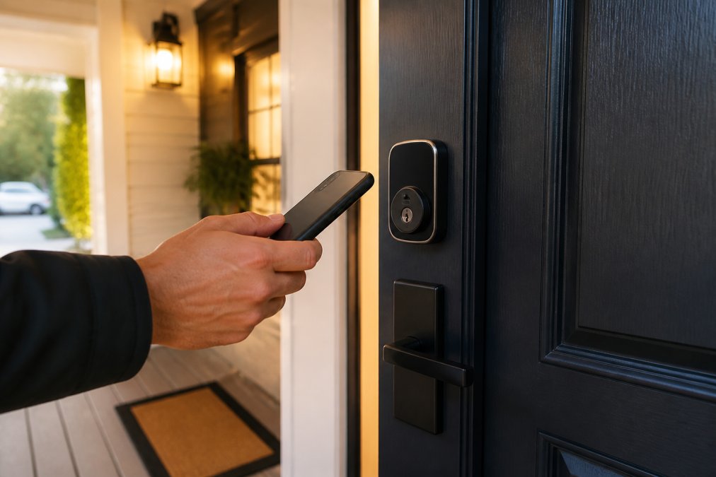 Close-up of a homeowner's hand using a smartphone to unlock a sleek smart deadbolt on a residential front door, with warm porch lighting and a welcome mat visible