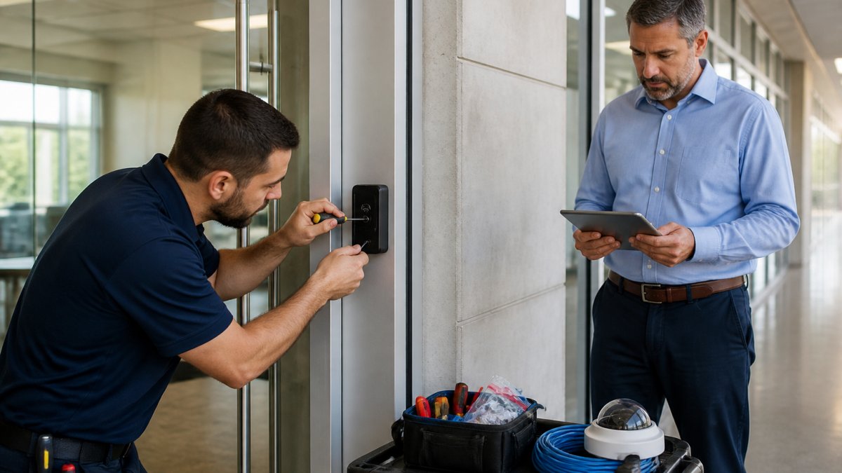 A security technician installing a smart card reader beside a glass office door while a facility manager reviews a tablet checklist nearby, bright daytime hallway lighting