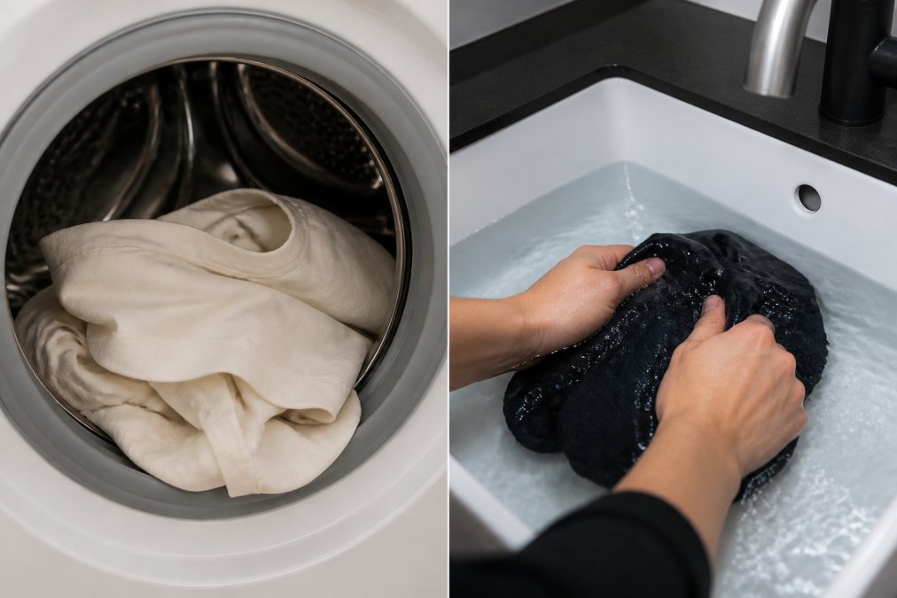 Split-screen comparison showing a heavyweight cotton tee in a standard washing machine on the left, and a smart fabric garment being hand-washed in a sink with cold water on the right