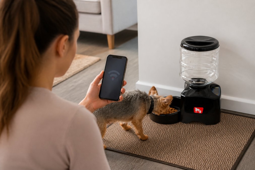 Pet owner standing in their home checking a smart feeder on their smartphone while their dog eats nearby, with a WiFi signal indicator showing low bars visible on the phone screen