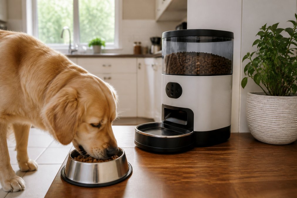 A golden retriever eating from a stainless steel bowl beside a modern automatic feeder with a smartphone displaying the feeder app on a wooden kitchen counter with natural morning light
