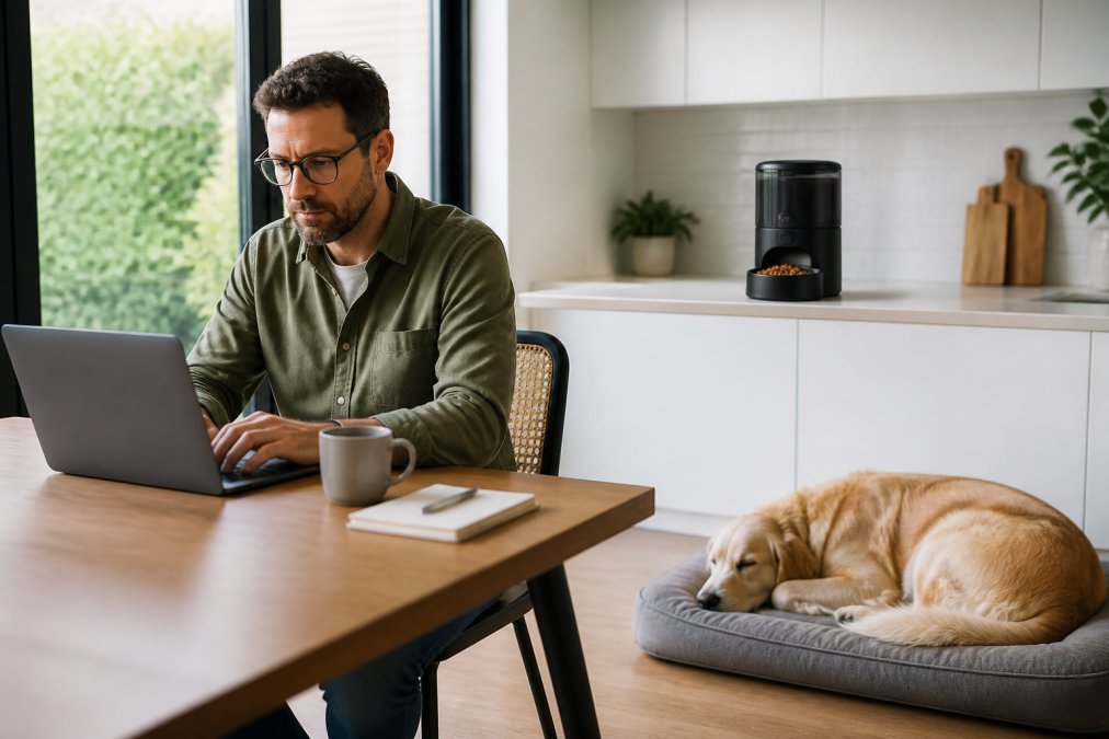 A busy professional working at a laptop in a home office while a contented dog rests on a nearby bed, with an automatic feeder visible on the kitchen counter in the background, suggesting peace of mind and convenience during work hours