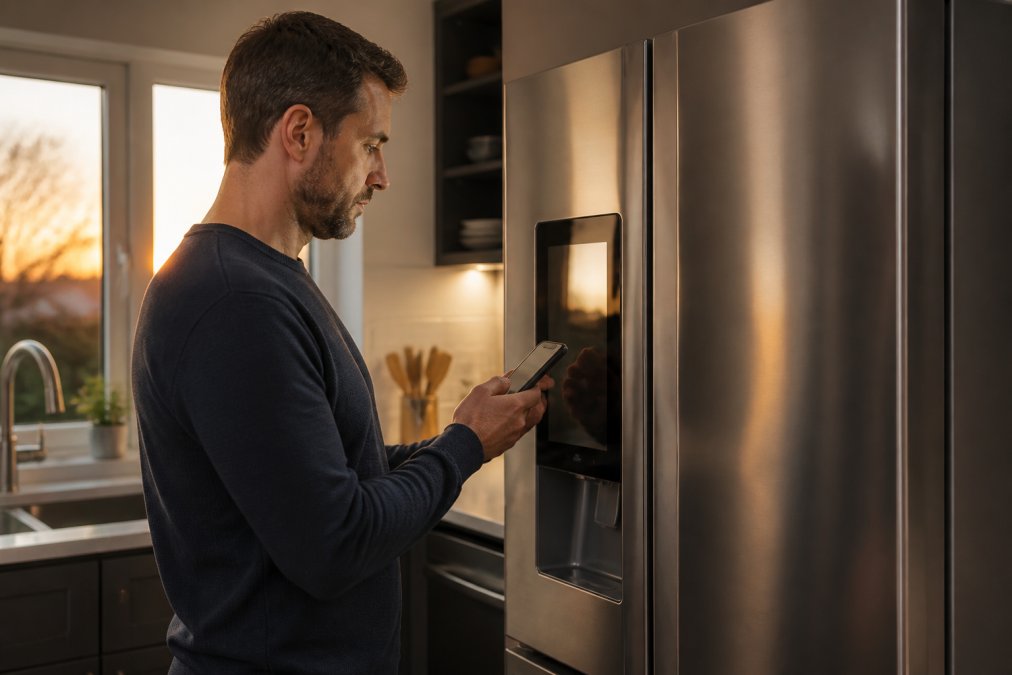 A homeowner standing in a modern kitchen, holding a smartphone and looking at the fridge's touchscreen display while connecting the appliance to WiFi, warm evening light through the window