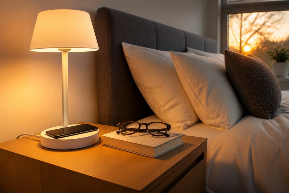A tidy bedside table in a calm bedroom, a modern lamp charging a smartphone, a paperback and reading glasses beside it, warm evening light from a window