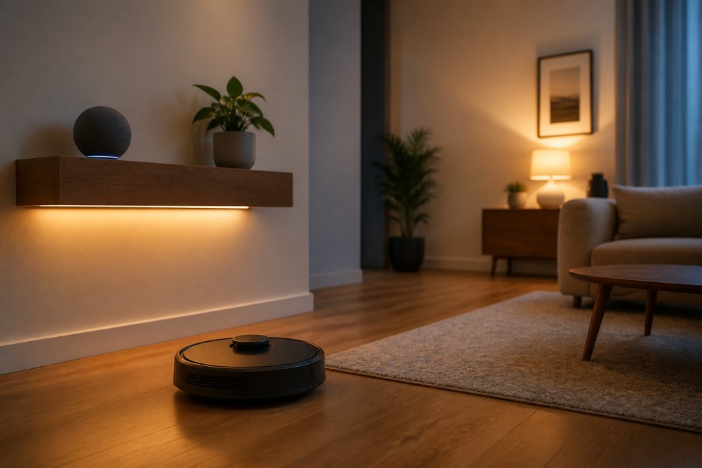 Modern living room with smart speaker on floating shelf, warm ambient lighting from smart bulbs creating cozy atmosphere, robotic vacuum on hardwood floor near area rug, sleek minimalist design with integrated technology