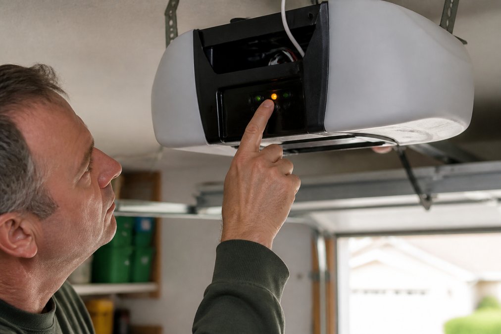 Close-up of garage door opener control panel with LED indicator lights illuminated in different colors, homeowner pointing at status display