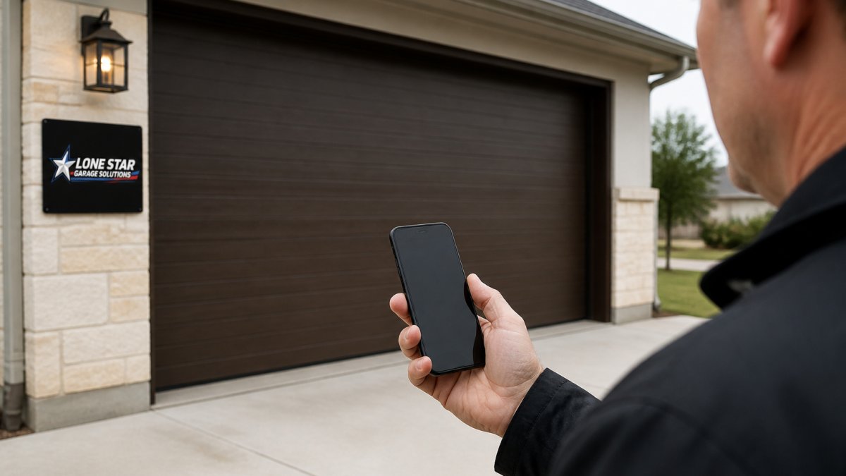 Homeowner using a smartphone app as one of the garage door remote alternatives to open their garage door securely