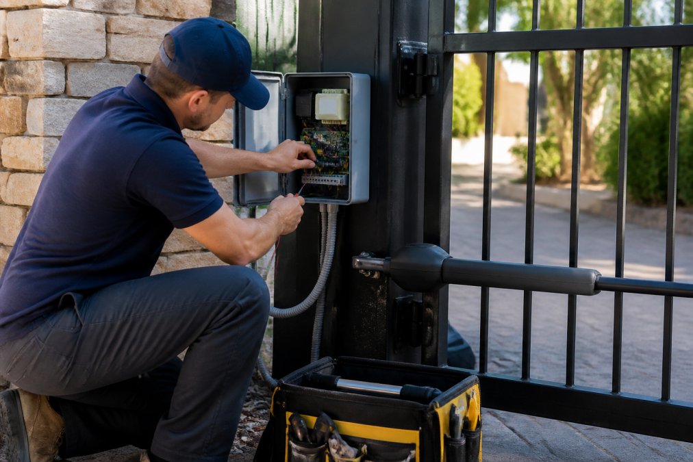Professional technician installing a smart gate controller unit on a residential driveway gate, showing hands working with wiring and control panel in daylight