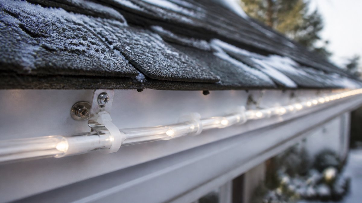 Close-up of weatherproof mounting clips securing LED light strips along a residential roofline, showing proper adhesive placement and stainless steel hardware in winter conditions