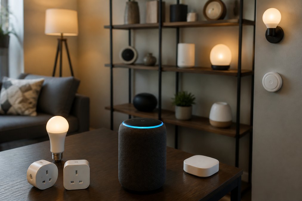 Modern living room with multiple smart home devices visible on shelves and walls, smart speaker, smart light bulbs, wireless plugs, and a hub display integrated seamlessly into contemporary home décor