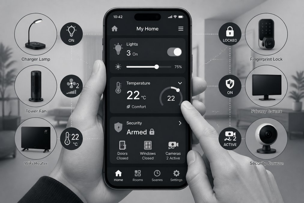 Close-up of hands holding a smartphone displaying a smart home app with various device controls, showing real-time status of lights, temperature, and security features
