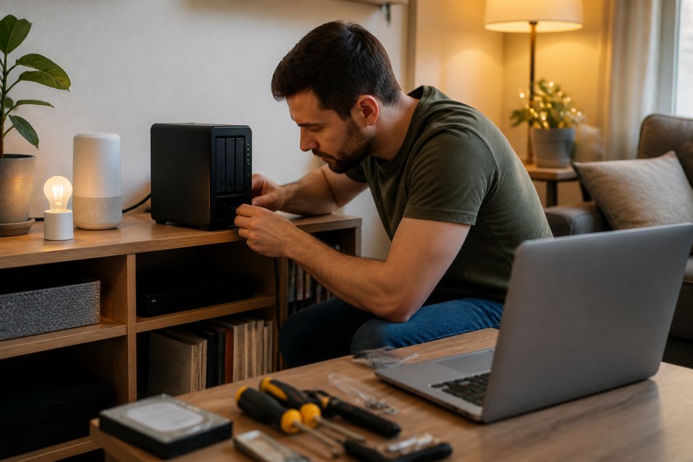 Person setting up a local home server on a shelf as part of private smart home alternatives in a cozy living room