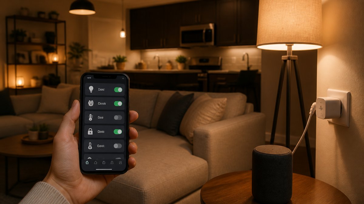 A modern living room with a smartphone displaying a smart home app controlling connected devices, a smart plug powering a floor lamp, a smart speaker on a side table, and warm ambient lighting from smart bulbs creating a cozy evening scene