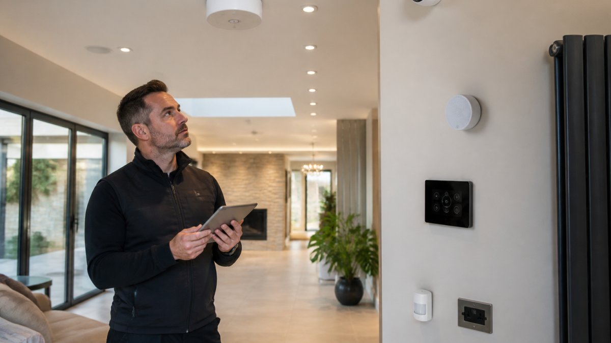 Facility manager reviewing wireless network coverage on a tablet while standing in a large residential property, with visible smart devices mounted on walls and ceiling fixtures