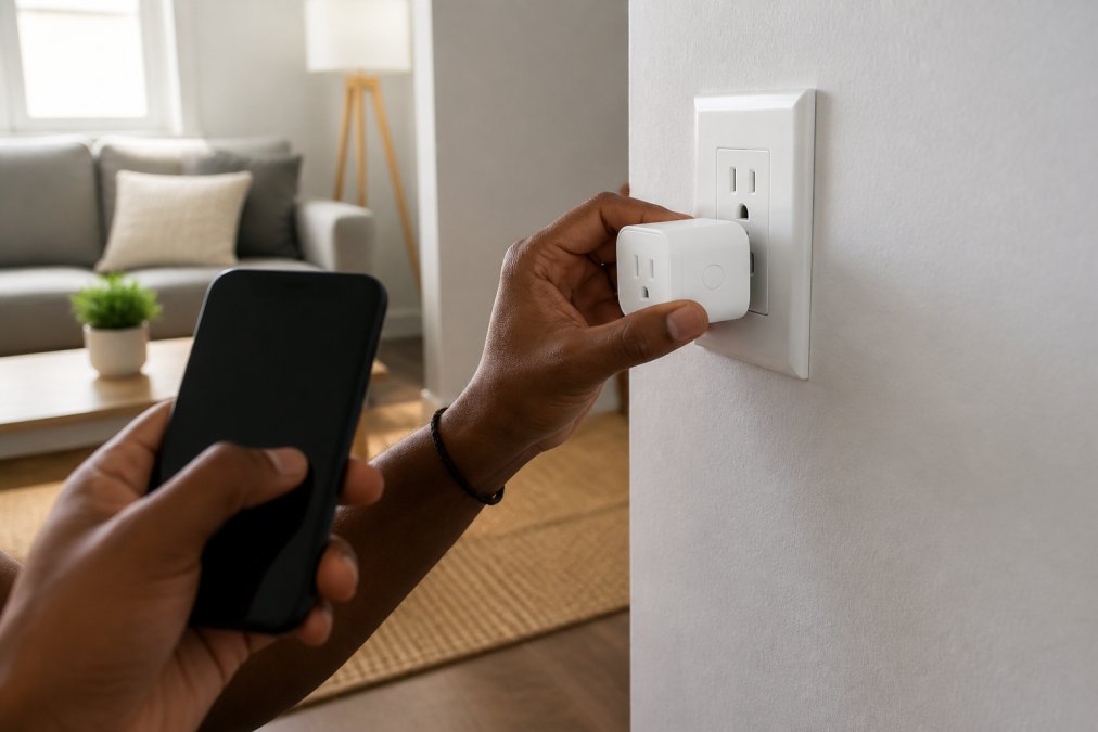 Close-up of hands inserting a smart plug into a wall outlet in a bright apartment living room, with a smartphone showing a home automation app nearby