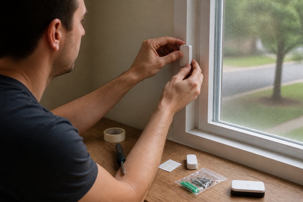 Renter carefully placing a wireless motion sensor on a window frame using its adhesive backing, with a smartphone displaying setup instructions in the foreground