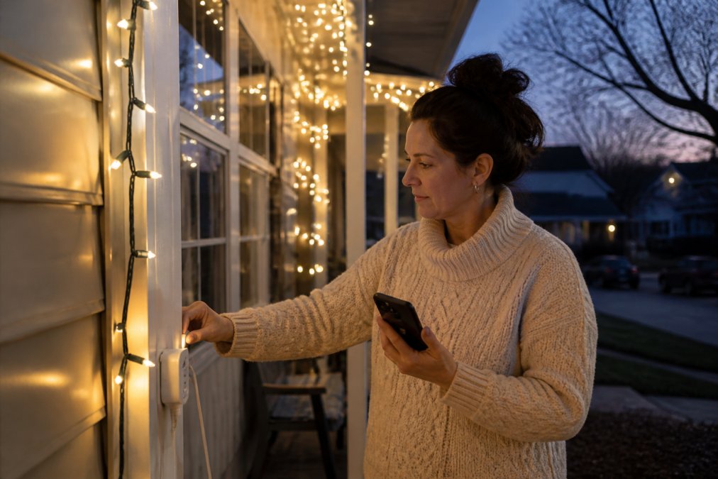 Homeowner using a smartphone to manage christmas light automation on their porch during dusk