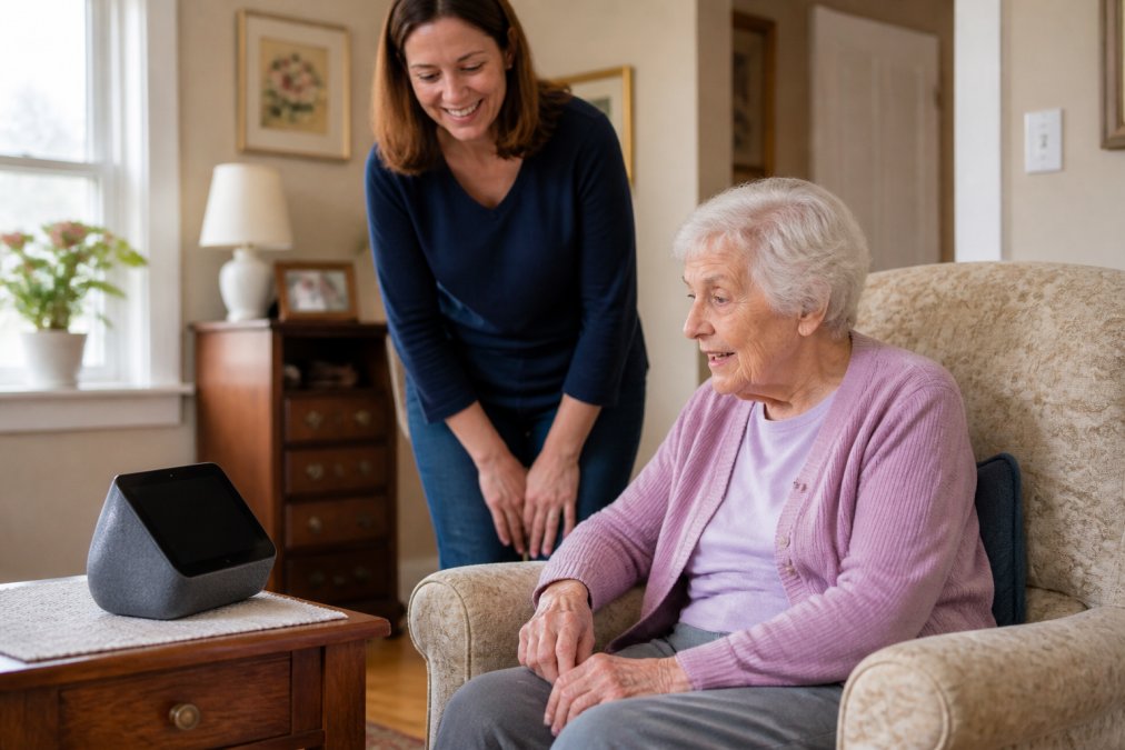 Infographic showing how smart home devices for dementia like voice displays assist seniors with daily tasks