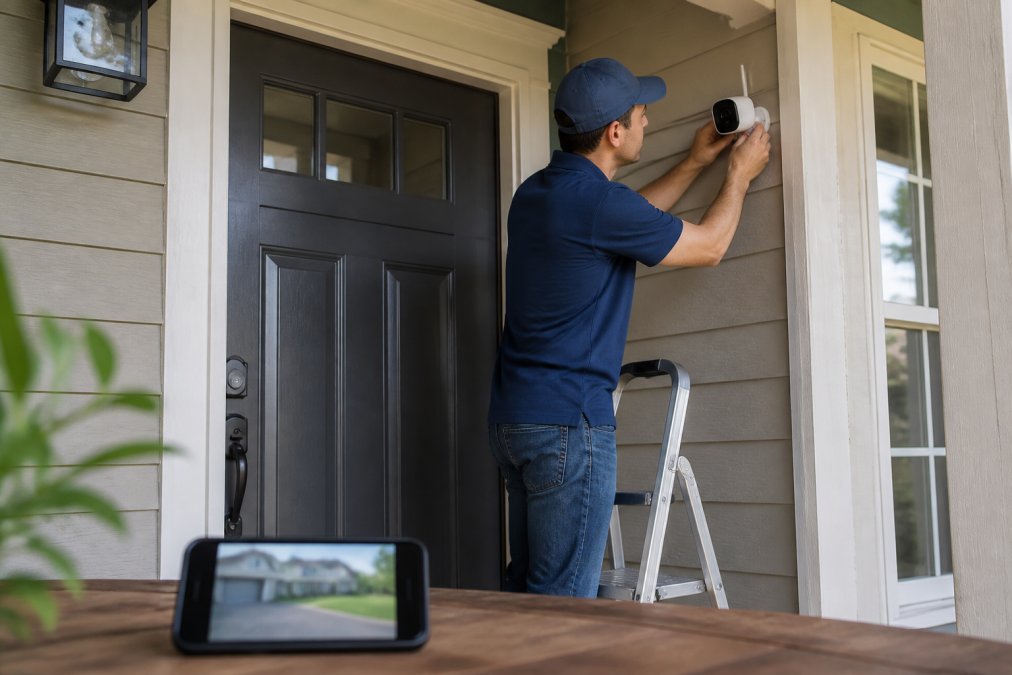 Step-by-step diagram showing how to install a remote monitoring camera at a front door using a smartphone.