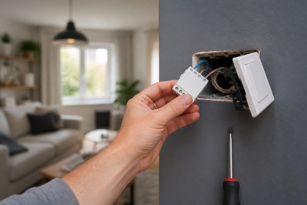 Close-up of a homeowner's hand installing a small white smart relay module behind a light switch in a modern UK living room, a screwdriver resting nearby on the wall