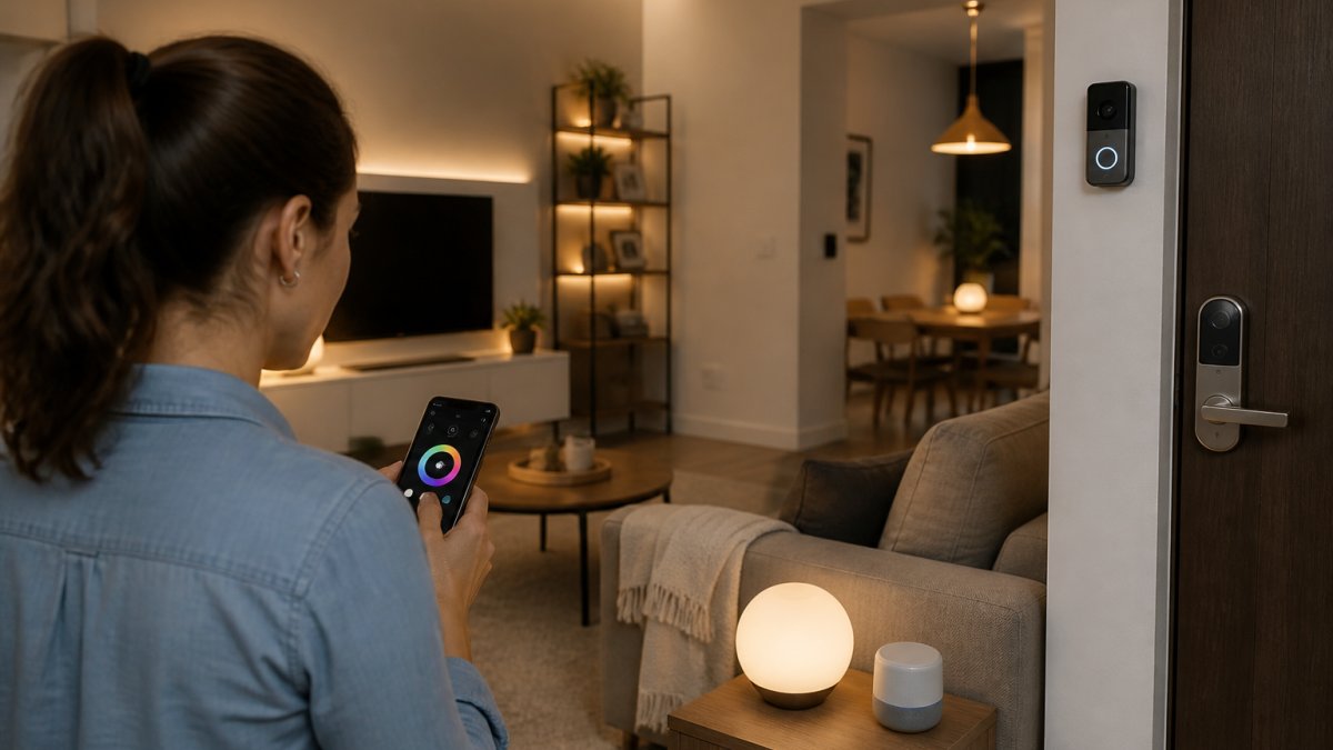 Modern living room with multiple smart devices in use: person controlling smart lights via smartphone while smart speaker sits on shelf, video doorbell visible at entrance with smart lock on door, ambient lighting throughout clean contemporary space