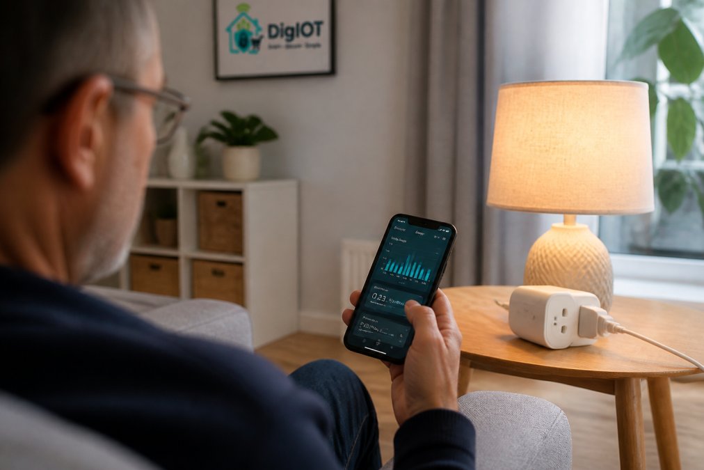 A homeowner in a UK living room checking real-time energy usage on a smartphone app while a lamp and smart plug sit on a side table nearby