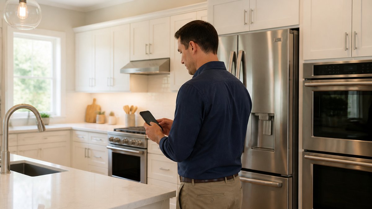 Homeowner checking energy usage on a smartphone app while standing in a modern kitchen with smart appliances visible in the background